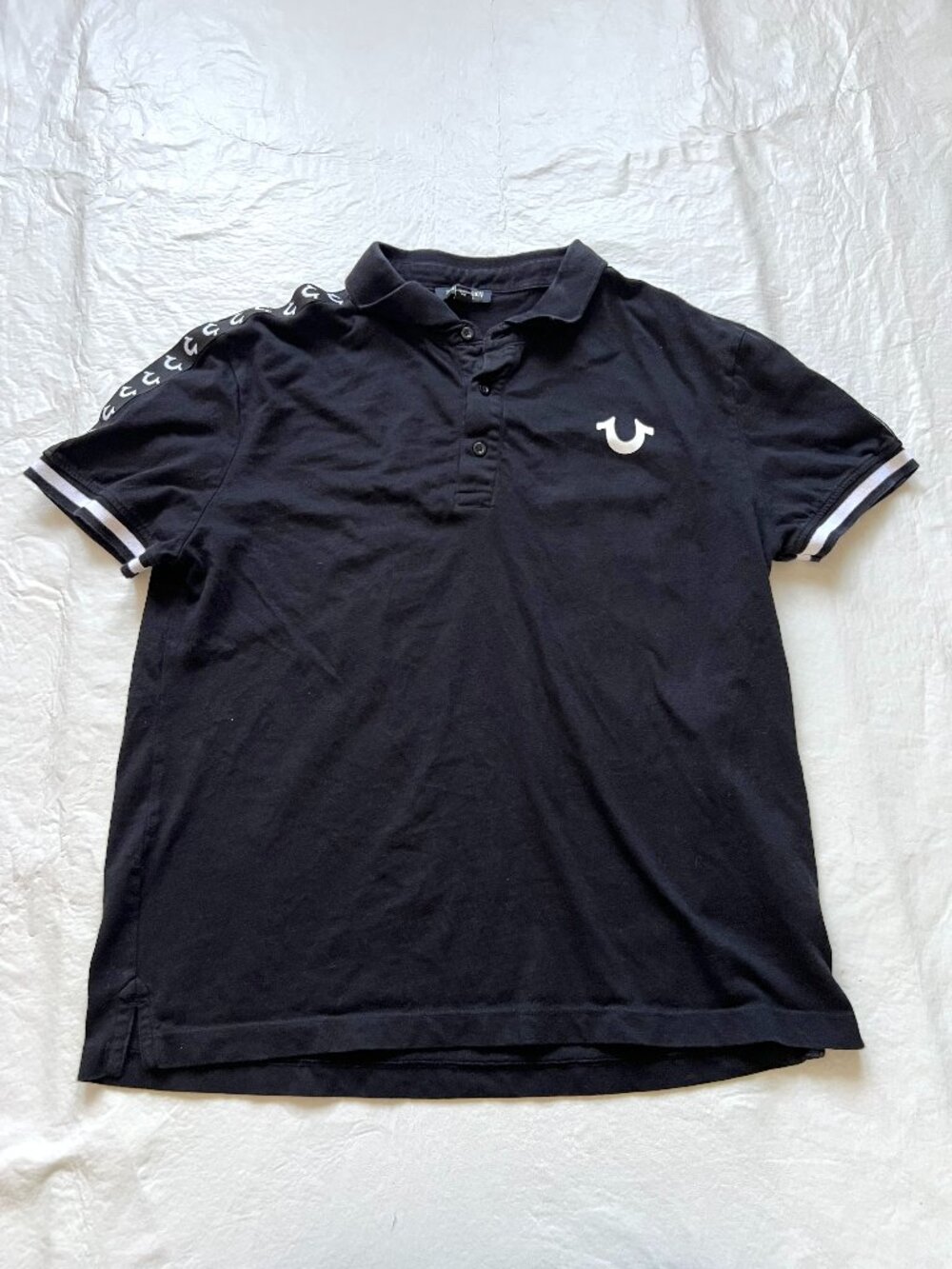 True Religion polo shirt mens Medium black short sleeve white logo collared